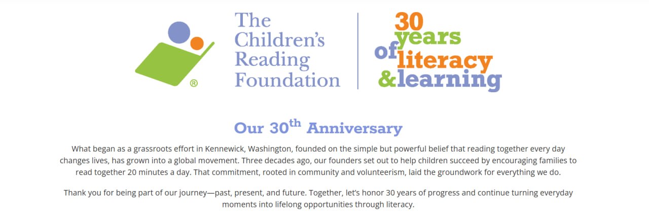 The Children's Reading Foundation — 30 Years of Literacy & Learning anniversary banner